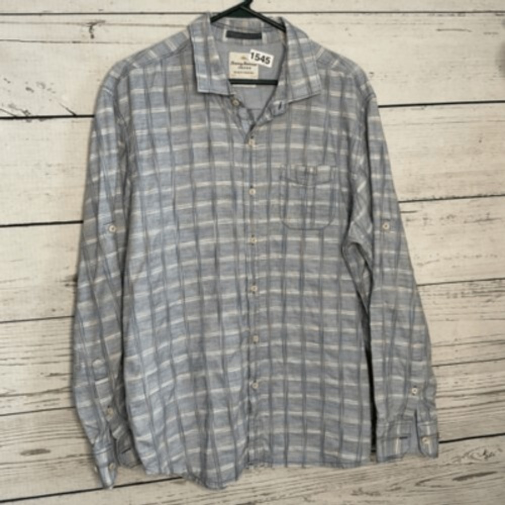 Tommy Bahama‎ Jeans Mens XL Blue Plaid Roll Tab Long Sleeve Cotton Button Down